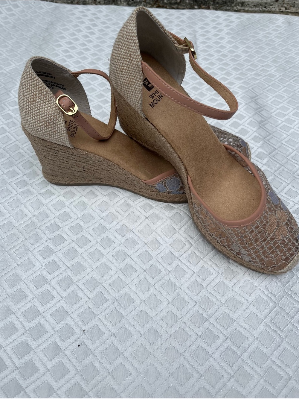 White Mountain Tan and Gray Floral Espadrille Wedge Sandals